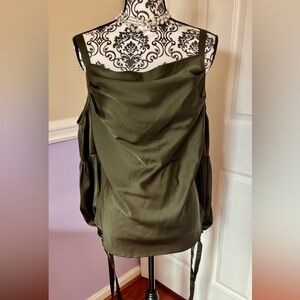 New York & Company Olive Green Silk Off Shoulder Size Medium Top